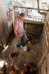 Latin american farmer feeding chickens in poultry coop © Jordan