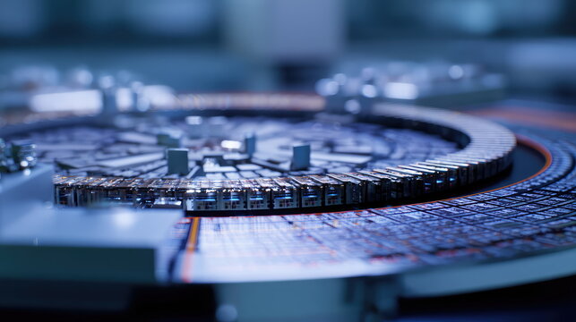 Quantum computer hardware with superconducting qubits and intricate processor chip design, glowing blue and showcasing advanced microtechnology for ai, data processing, and futuristic research