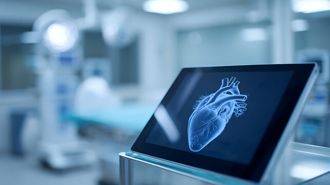 Digital heart scan on tablet display in modern surgery room, advanced medical technology for diagnostics and treatment, health innovation