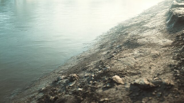 River water gently flowing next to a textured, earthy bank, reflecting diffuse sunlight and creating a serene, natural scene in the outdoors with subtle ripples