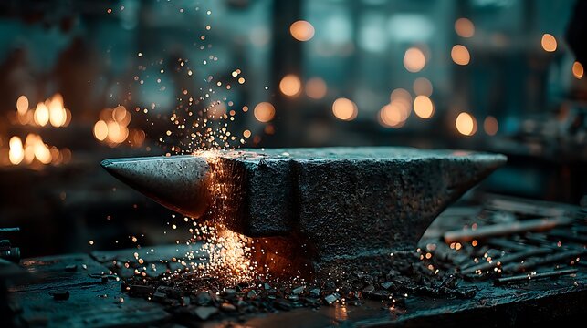 Sparks flying from metal being shaped on anvil under moody workshop light images