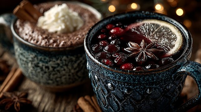 Spiced german wine and thick chocolate drink side by side warm winter table pictures