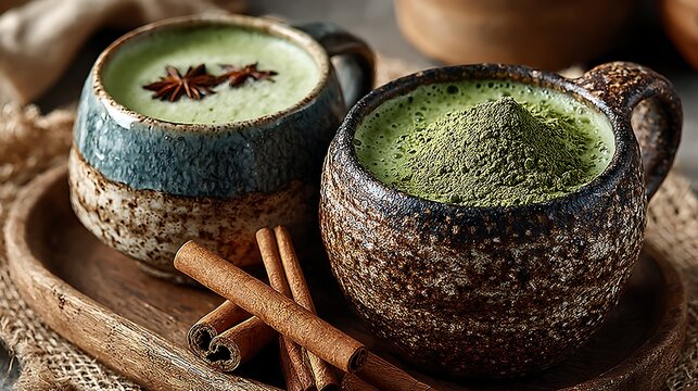 Spiced chai tea and matcha latte duo with cinnamon sticks cozy cafe table illustrator