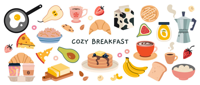 Cozy breakfast set with coffee, croissant, pancakes, eggs, fruit and more. Morning food collection for cafe menu, brunch and comfort concept. Trendy modern vector illustration, hand drawn, flat