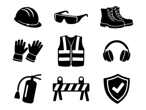 Conjunto de iconos dibujados a mano de equipo de seguridad para trabajadores de empresa y de construcci&oacute;n. Set de siluetas negras de equipo de seguridad sobre fondo transparente. Ilustraci&oacute;n vectorial