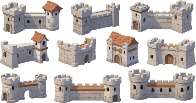 Medieval Castle Towers and Gatehouses Set with Stone Walls, Defensive Fortifications, and Isometric Buildings for Strategy Games and Historical Architecture Design