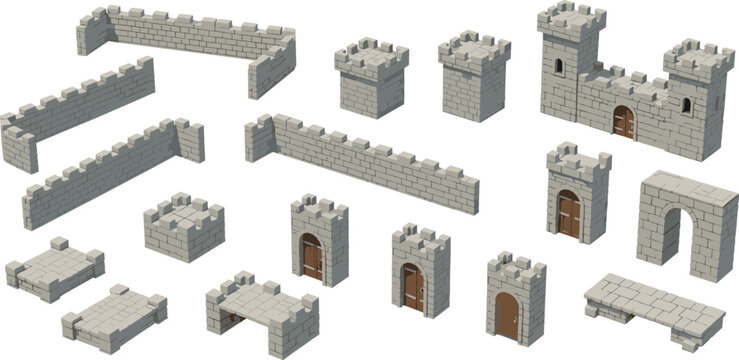 Medieval Castle Wall Elements Set with Stone Towers, Gates, Fortifications, and Modular Blocks for Game Design, Strategy Maps, and Historical Architecture Illustration