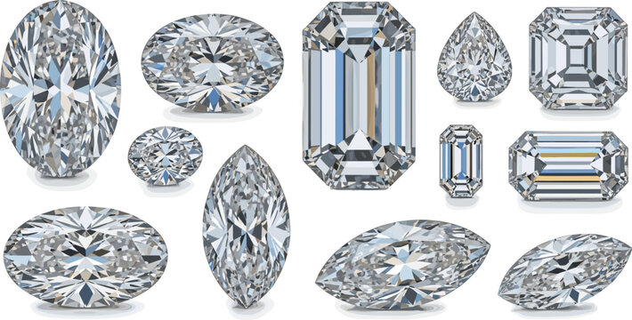 Vector Collection of Realistic Sparkling Diamonds with Various Cuts Including Emerald, Marquise, Oval, and Pear Shapes for Luxury Jewelry Branding and Graphic Design