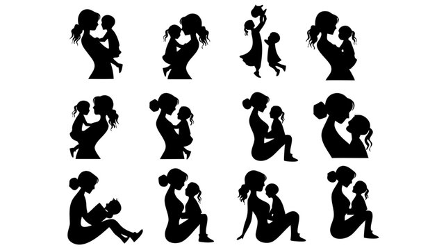 Black silhouettes of mothers and children set against a solid white background.