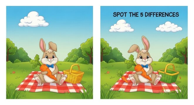 Spot the differences game with cartoon rabbits picnic in sunny meadow