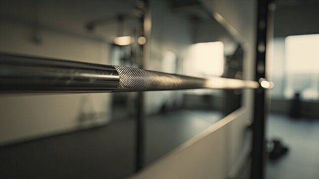 Barbell with knurled grip detailing, catching natural light, resting on a rack in a fitness center, symbolizing a commitment to strength training and active lifestyle