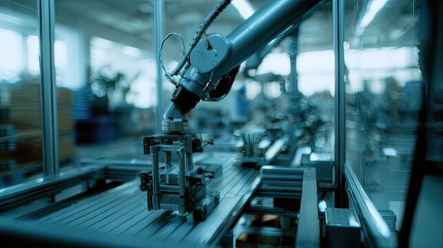 Robotic arm working on modern industrial assembly line