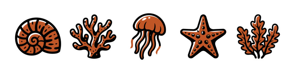 Marine Life and Underwater World Vector Icon Set - Hand-Drawn Sea Creatures: Shell, Coral, Jellyfish, Starfish and Seaweed © Victor