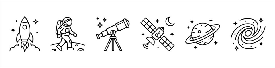 Minimalist space icons set featuring rocket, astronaut, telescope, satellite, Saturn planet, and spiral galaxy. Hand-drawn doodle line art style for astronomy and cosmos exploration themes. © temastadnyk
