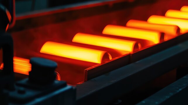 Hot orange red glowing metal billets moving through an industrial furnace, representing the intense heat and processes involved in manufacturing and steel production