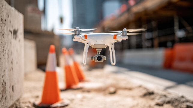 Drone hovering at construction site