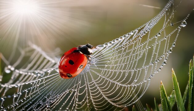 ladybug on dewy spider web with water droplets