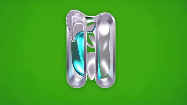 A glossy metallic play button with a bright blue center smoothly morphing into a silver pause icon against a solid green screen background, perfect for media interfaces.
