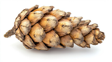 Fototapeta premium A single dry pine cone, with its scales slightly open and displaying natural textures, sits isolated against a stark white background casting soft shadows.