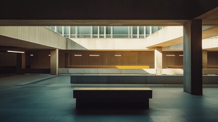 Naklejka premium Concrete building interior showcasing brutalist and minimalist design with strong geometric lines. Deep shadows. And an open air courtyard allowing natural sunlight to illuminate architectural details