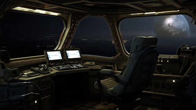 Spaceship cockpit showing a futuristic control panel, pilot's seat, and large windows revealing a distant planet and city lights on the horizon from orbit in deep space