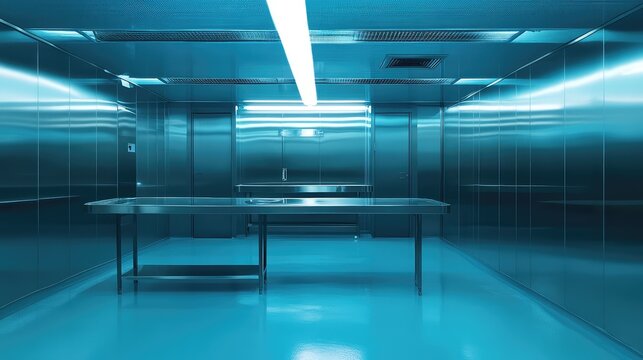 Sterile forensic examination room with stainless steel surgical tables