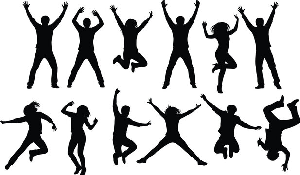 Cartoon illustrated human silhouettes collection featuring dancers jumpers energetic poses extended arms legs creative performance artwork lively motion scene