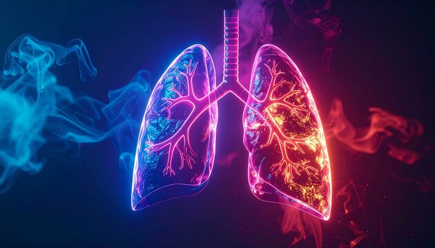 Dynamic 3D representation of human lungs with vibrant neon blue and red lights, surrounded by ethereal smoke, symbolizing the vital process of respiration and health