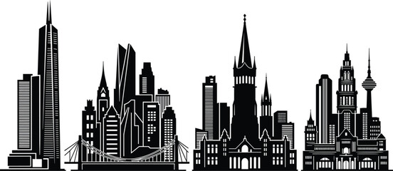City skyline silhouettes with skyscrapers towers suspension bridge and classical architecture representing diverse urban design and cultural illustration © IconicCreations
