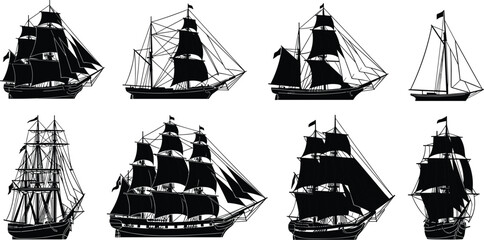 Historic sailing ship silhouettes with multiple masts sails and rigging representing maritime history traditional vessel design illustration © IconicCreations