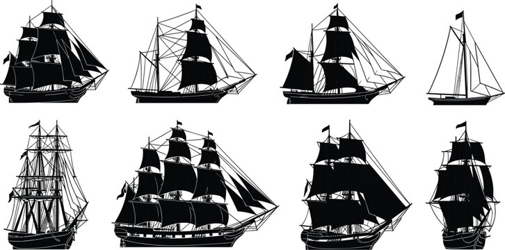 Historic sailing ship silhouettes with multiple masts sails and rigging representing maritime history traditional vessel design illustration
