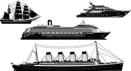 Silhouettes of sailing ship yacht cruise liner and ocean liner representing maritime history evolution and vessel design illustration © IconicCreations