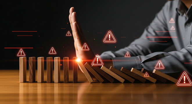 Hand blocking wooden dominoes from falling to stop risk chain reaction representing crisis management and safety.