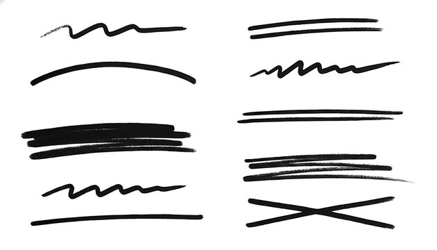 Black marker strokes set isolated on white background with different lines shapes handwritten design elements collection.