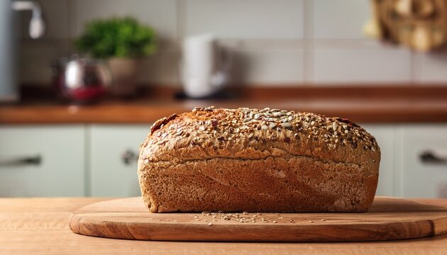 seeded whole grain bread on wooden board with kitchen background