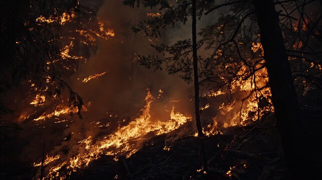 Forest fire blazing on a mountain slope at night, with towering flames consuming trees and smoke clouding the dark sky, highlighting environmental danger and natural disaster