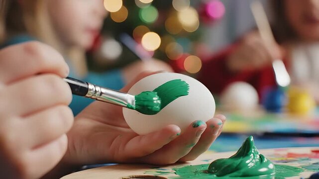 Child's hand painting a white egg with vibrant green paint on a wooden palette. Creative craft activity, handmade gift concept for Mother's Day, Easter, or art class projects.