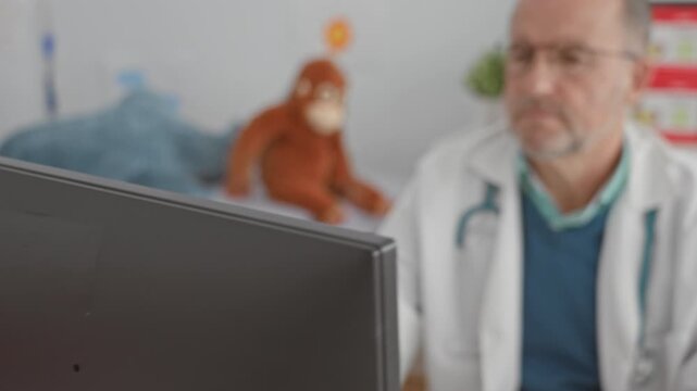 Man doctor, middle age, wearing glasses and stethoscope, hand on chin at computer in pediatric clinic with stuffed monkey on exam couch; thoughtful concern.