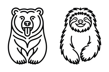 Fototapeta premium Illustrated bear and sloth line art characters with character, illustration