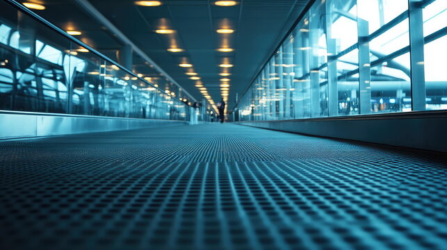 Futuristic airport terminal interior with long moving walkway, glass walls and sleek architecture conveying motion, efficiency and modern business travel perspective and speed