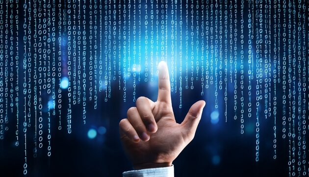 hand interacting with digital binary code