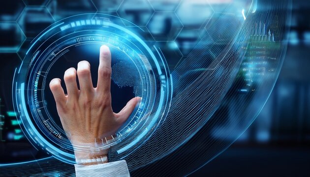 hand interacting with futuristic digital interface