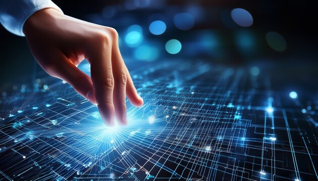 hand interacting with illuminated digital grid