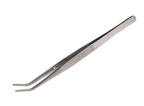 Stainless steel precision tweezers with angled tip isolated on a transparent background. Fine control tool used in medical, laboratory, cosmetic, and detailed handling applications