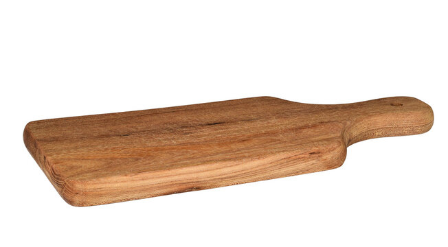 Empty vintage wooden cutting board shown from low angle, highlighting worn texture and natural surface. Isolated on transparent background, ideal for food mockup, product placement, branding, or desig