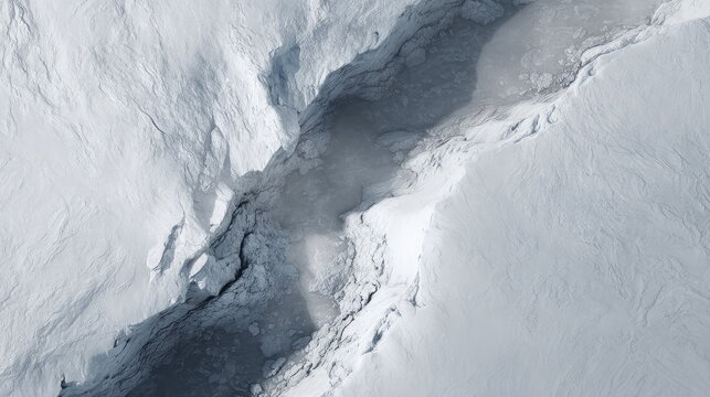 Glacier meltwater deeply carving a distinct channel through a vast, rugged frozen landscape, highlighting the powerful forces of nature shaping the arctic wilderness with ice and snow textures