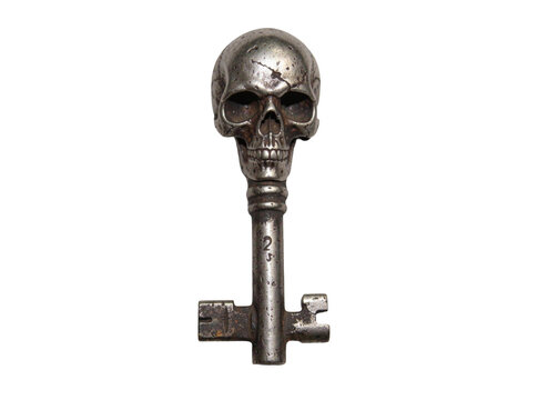 A skeleton key with a skull pattern on it