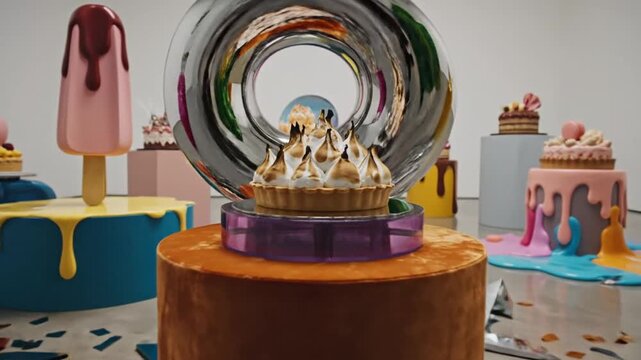 Abstract art installation in a minimalist white room with a translucent purple sphere, tilted green cube, mirrored pedestals, macaron arch, and colorful sculptural objects on a glossy floor.