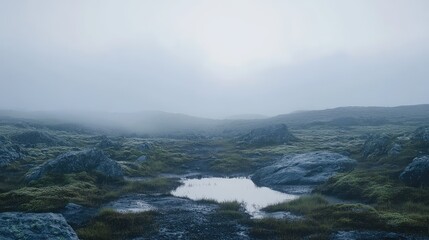 Obraz premium Foggy mountain landscape with moss covered rocks and soft mist, evoking quiet solitude and serene, ethereal atmosphere under a calm, cool sky for outdoor exploration