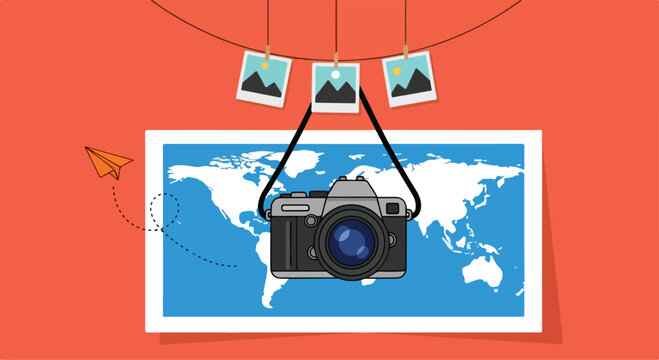 Travel photography setup with a camera hanging from a string above a world map on a vibrant orange background